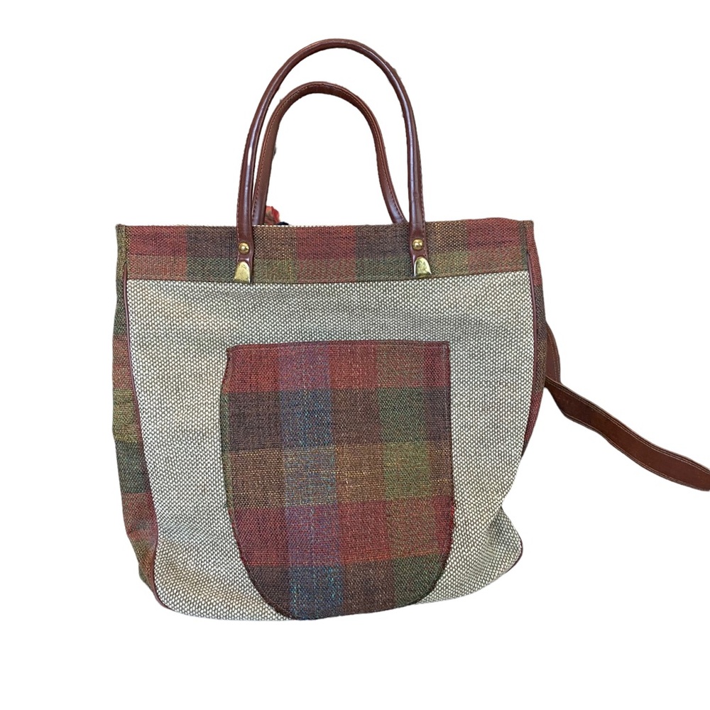 Burlap and Plaid Tote w/ leather handles